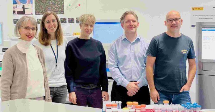 Equipo de investigadores del CNAG. De izquierda a derecha: Marta Gut (Jefa de la Unidad de Secuenciación); Leslie Matalonga (Genómica Clínica Manager); Anna Esteve (Genómica Funcional Team Leader); Steve Laurie (Data Analyst en Genética Humana); Sergi Beltran (Jefe de la Unidad de Bioinformática). (foto CNAG)